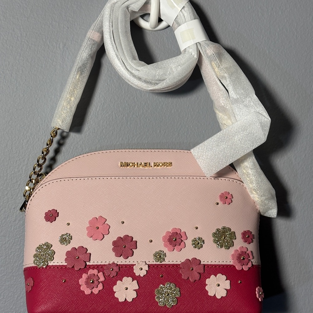 Michael Kors MK Emmy Pink Bag shoulder crossbody chain leather new nwt floral